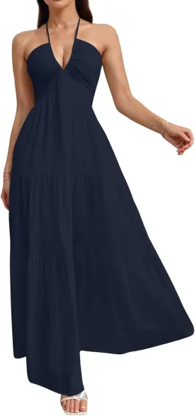 Summer Dresses for Women 2025 Spaghetti Strap Halter V Neck Maxi Dress Bow Tie Backless Ruffle A Line Prom Dress