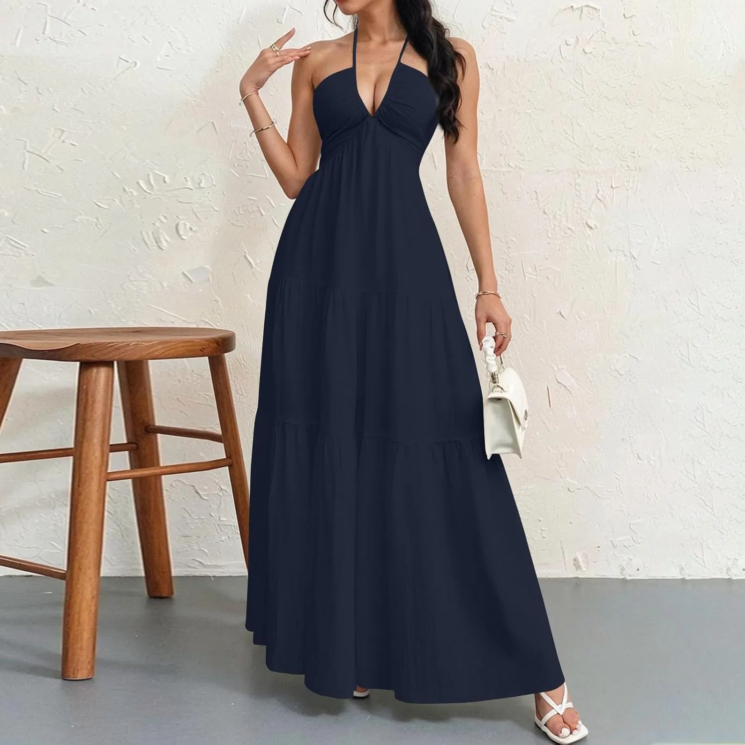 Summer Dresses for Women 2025 Spaghetti Strap Halter V Neck Maxi Dress Bow Tie Backless Ruffle A Line Prom Dress