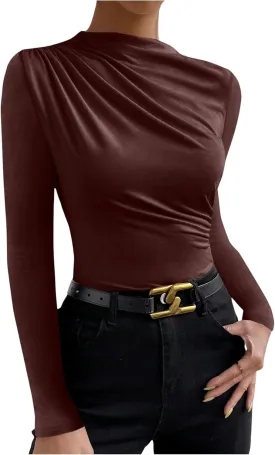 SweatyRocks Women's Ruched Long Sleeve Shirts Mock Neck Fitted T Shirts Basic Tops