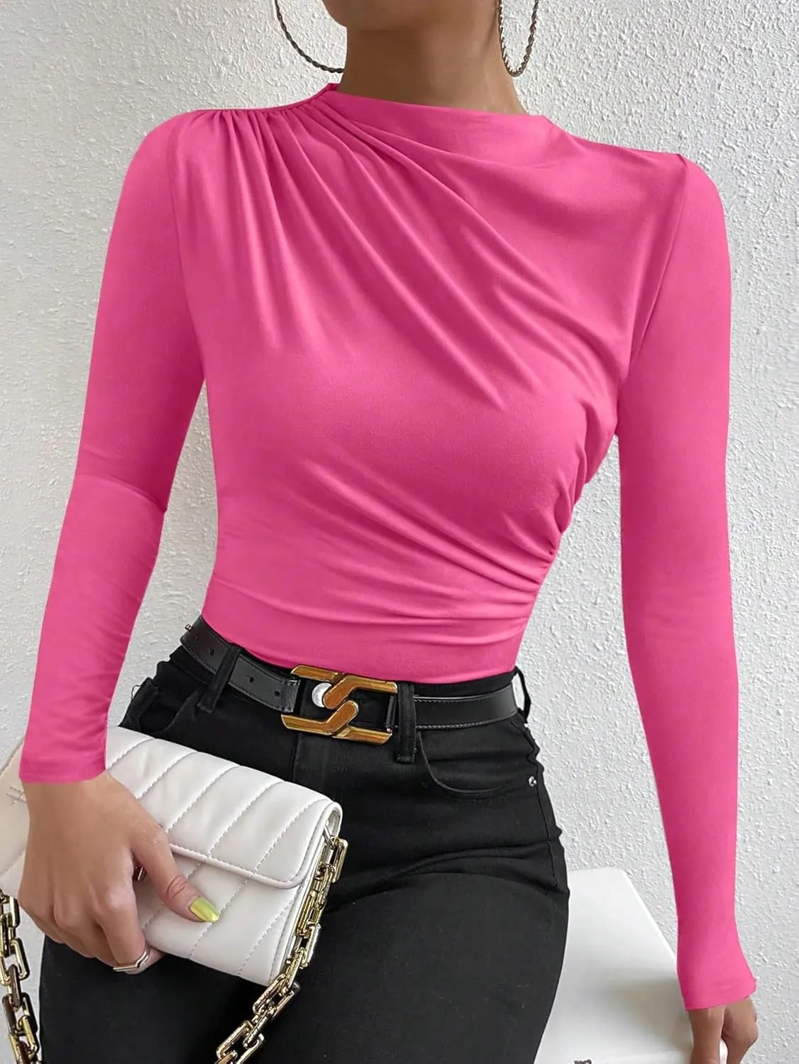 SweatyRocks Women's Ruched Long Sleeve Shirts Mock Neck Fitted T Shirts Basic Tops