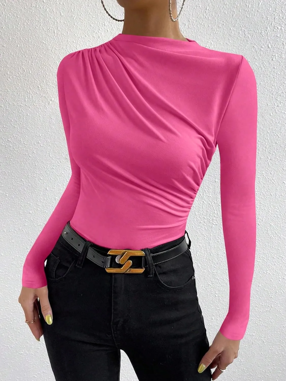 SweatyRocks Women's Ruched Long Sleeve Shirts Mock Neck Fitted T Shirts Basic Tops