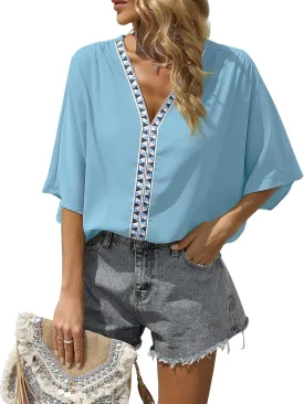 VIISHOW Women Short Sleeve V Neck Soft Chiffon Blouse
