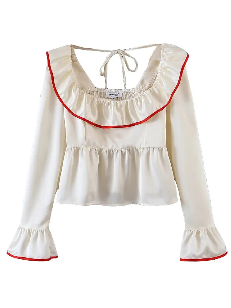 Vintage French Contrast Wooden Ruffles Square Elastic Top