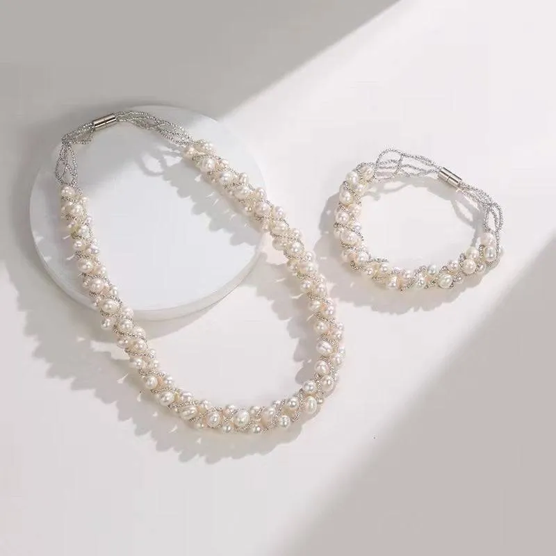 White Freshwater Pearls Twist Braided Necklace & Bracelet (Purchase Individually)