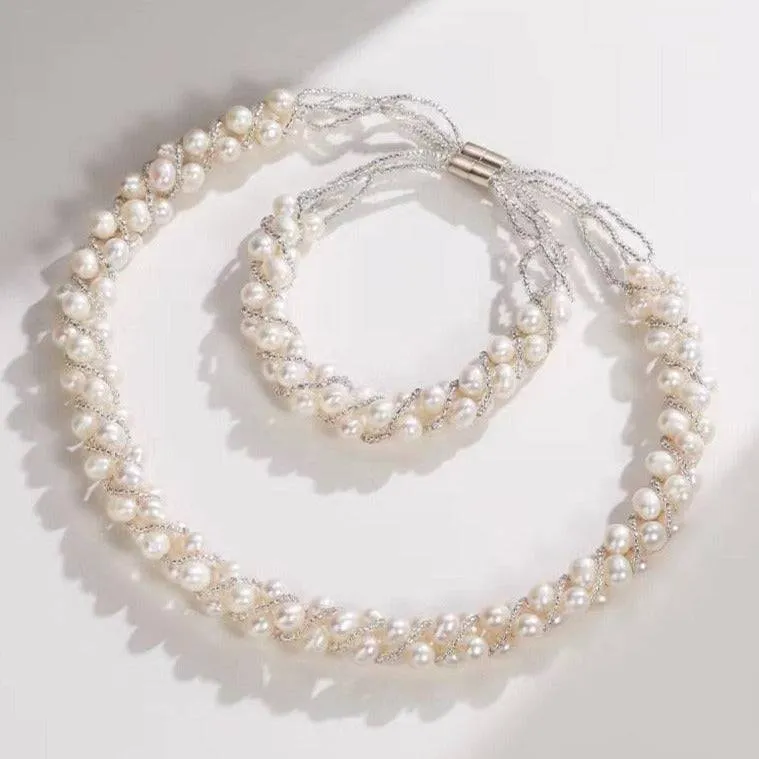 White Freshwater Pearls Twist Braided Necklace & Bracelet (Purchase Individually)