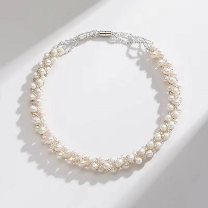 White Freshwater Pearls Twist Braided Necklace & Bracelet (Purchase Individually)