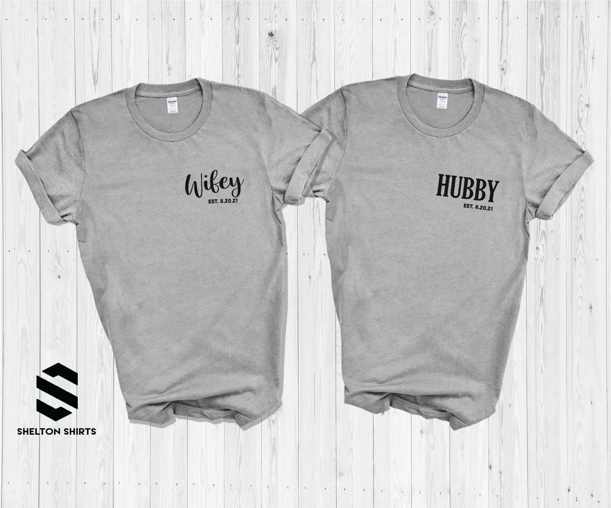 Wifey and Hubby Pocket with Established Wedding Date Newlywed Honeymoon Vacation T-Shirts