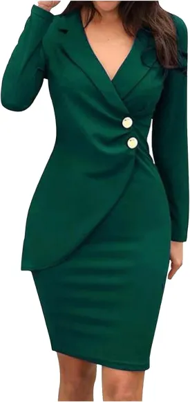 Women Suit Dress Fashion Bodycon Business Skirt Slim Hip Skirt Lapel Long Sleeve Casual Work Formal Dress Blazer