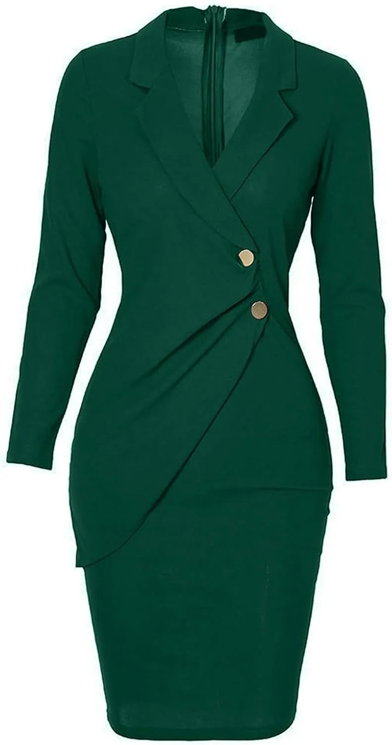Women Suit Dress Fashion Bodycon Business Skirt Slim Hip Skirt Lapel Long Sleeve Casual Work Formal Dress Blazer