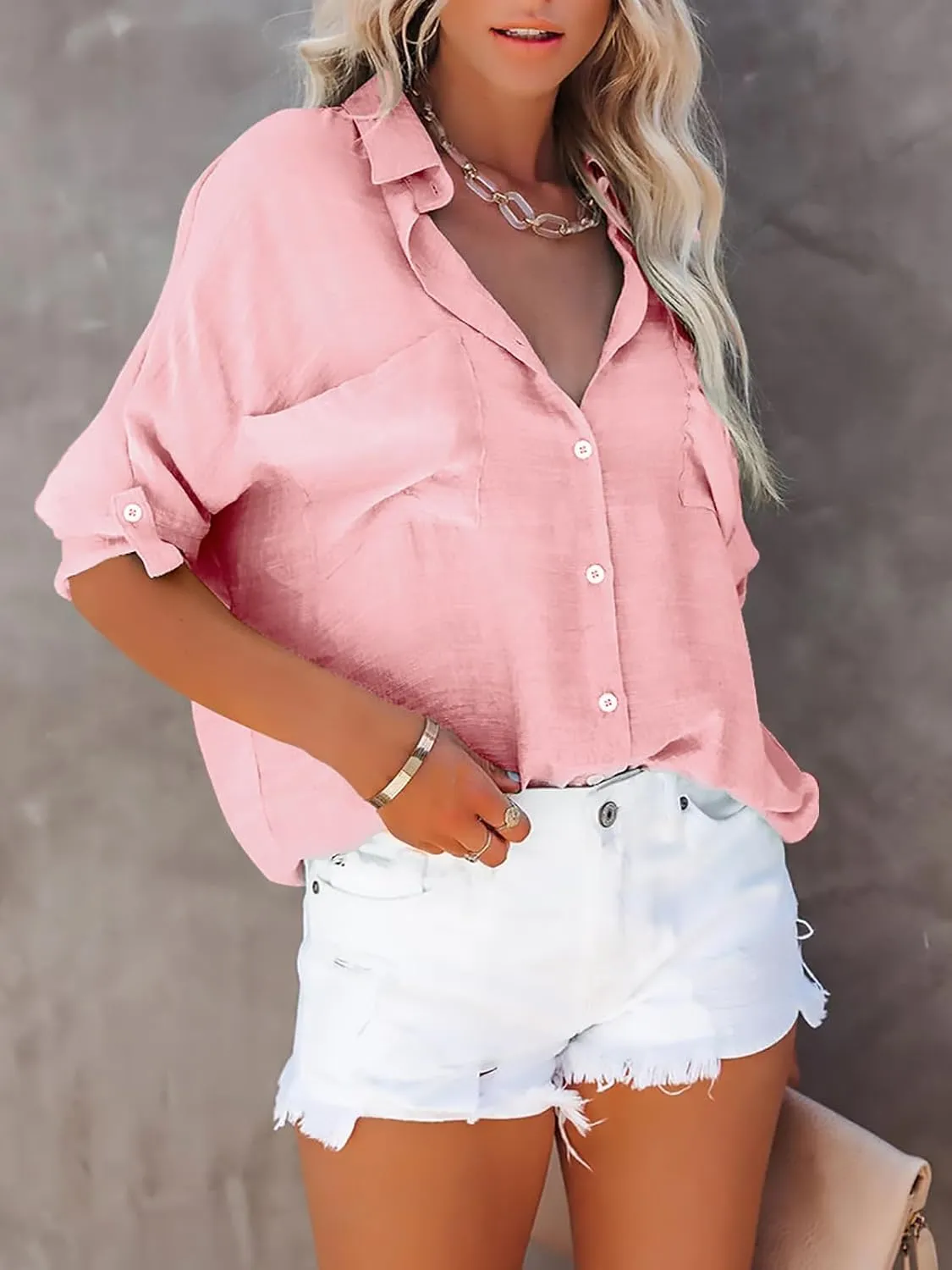 Womens Button Down Shirts Cotton Roll-up Long Sleeve Blouses Top with Pockets V Neck Casual Solid Tunics