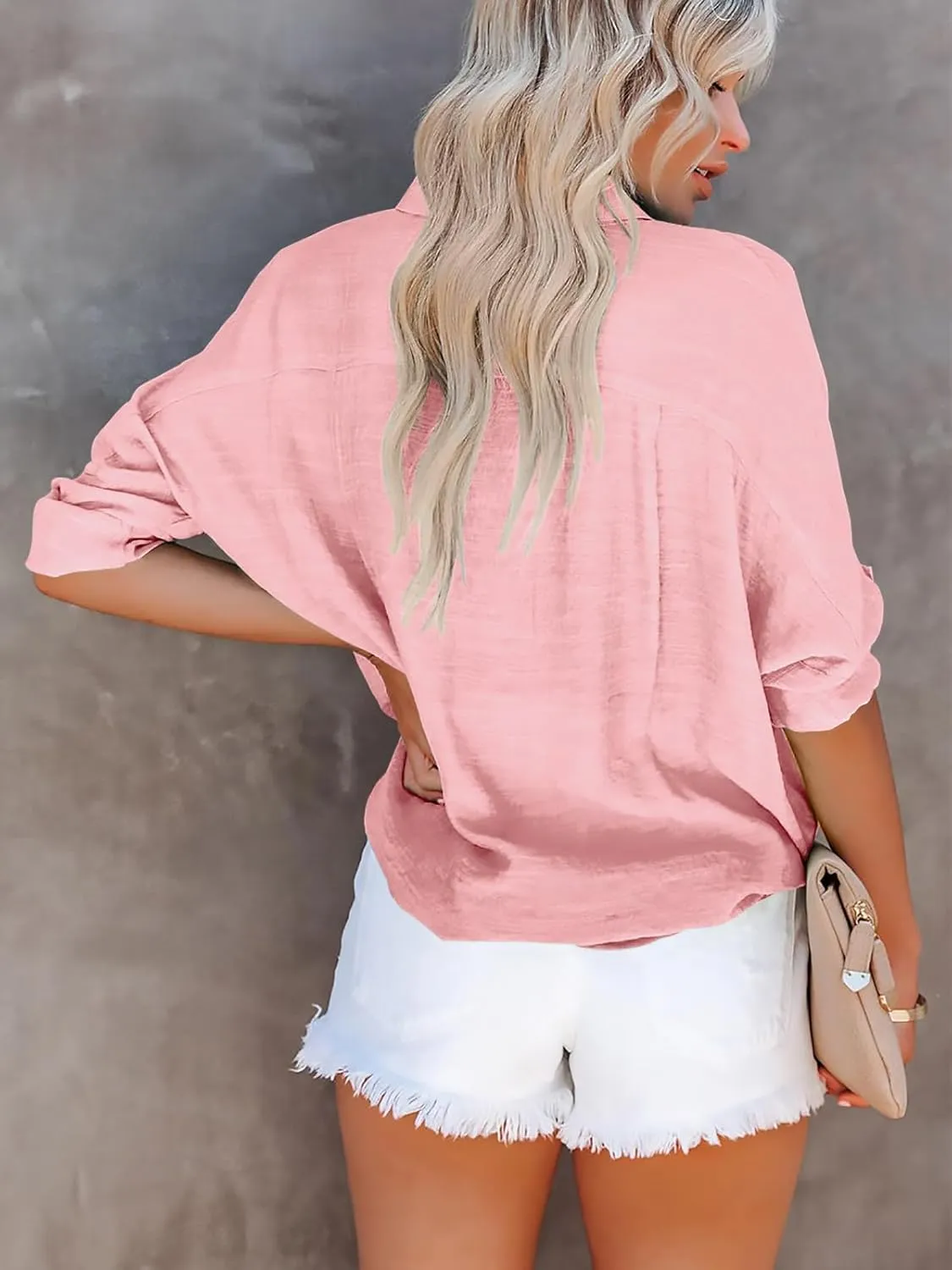 Womens Button Down Shirts Cotton Roll-up Long Sleeve Blouses Top with Pockets V Neck Casual Solid Tunics