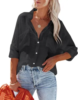 Womens Button Down Shirts Cotton Roll-up Long Sleeve Blouses Top with Pockets V Neck Casual Solid Tunics