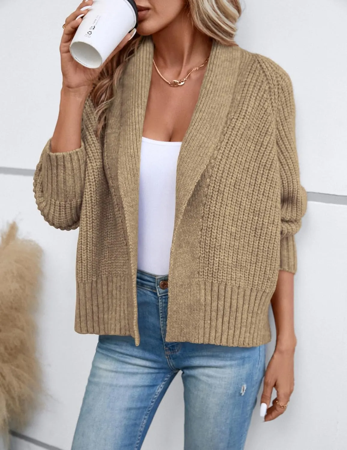 Women's Cardigan Sweaters Fall Winter Open Front Batwing Long Sleeve Shawl Neck Chunky Knit Loose Outwear Coats