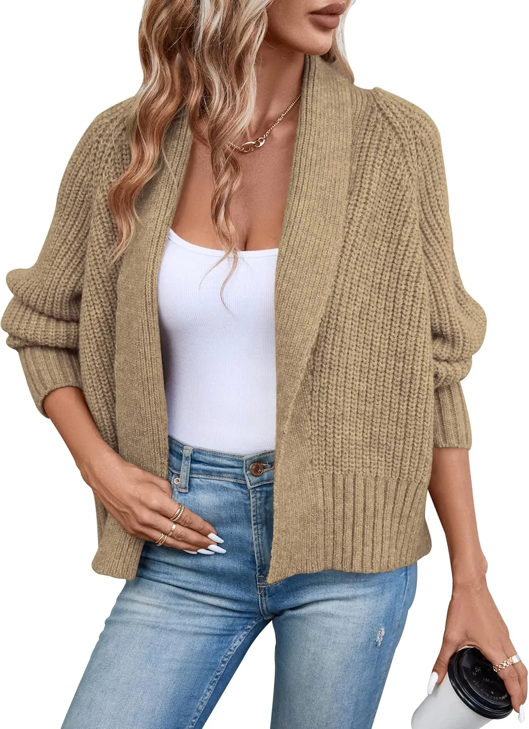 Women's Cardigan Sweaters Fall Winter Open Front Batwing Long Sleeve Shawl Neck Chunky Knit Loose Outwear Coats