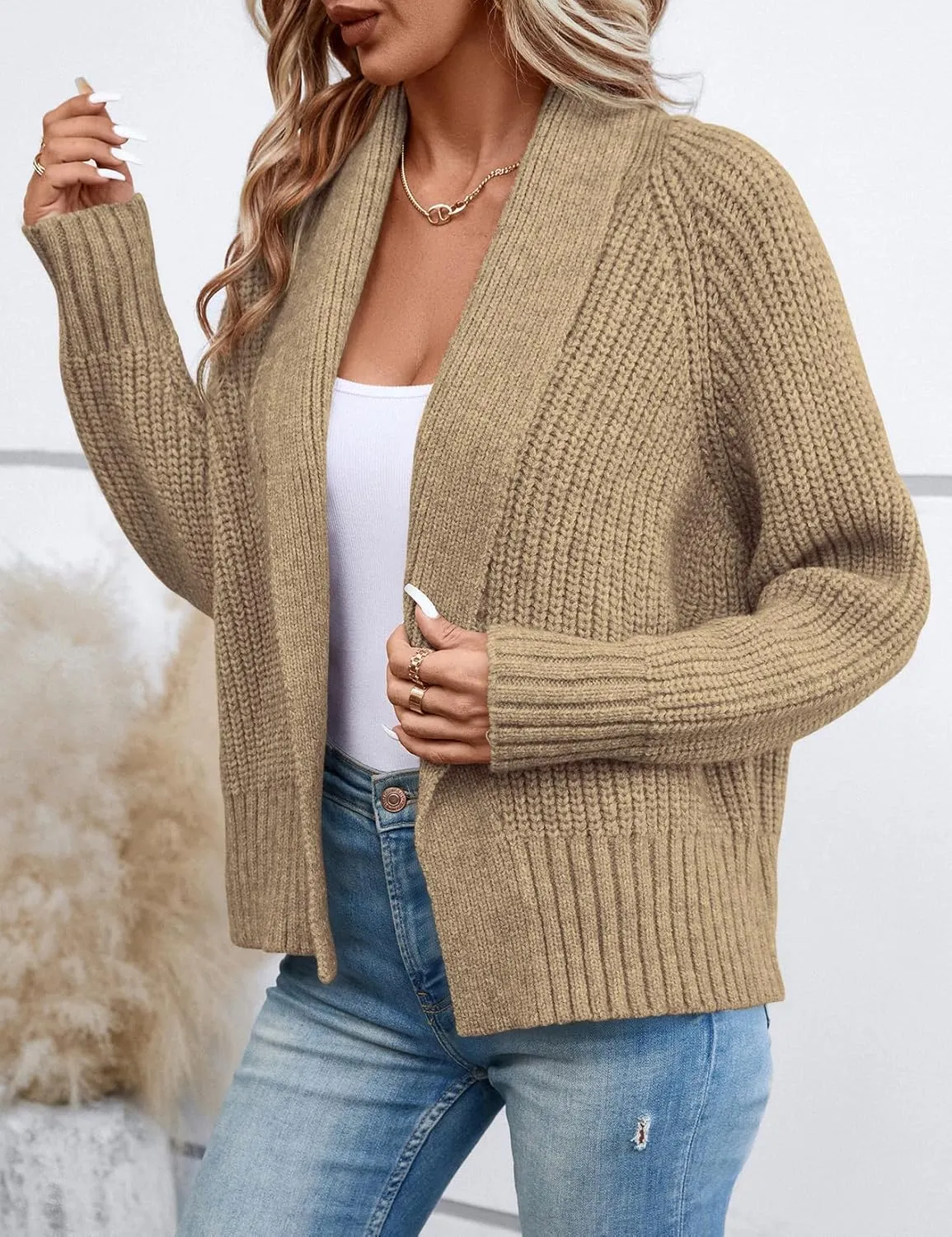 Women's Cardigan Sweaters Fall Winter Open Front Batwing Long Sleeve Shawl Neck Chunky Knit Loose Outwear Coats