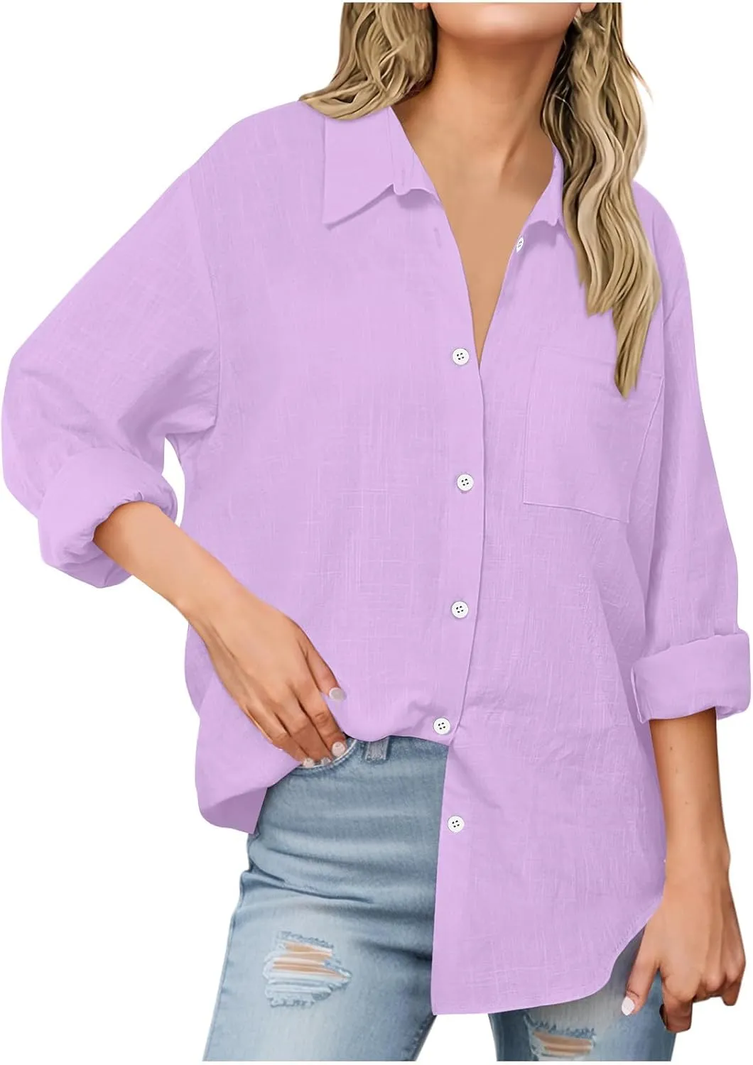 Womens Oversized Button Down Shirts Long Sleeve Cotton Linen Shirts Casual V Neck Collared Blouses Tops with Pockets