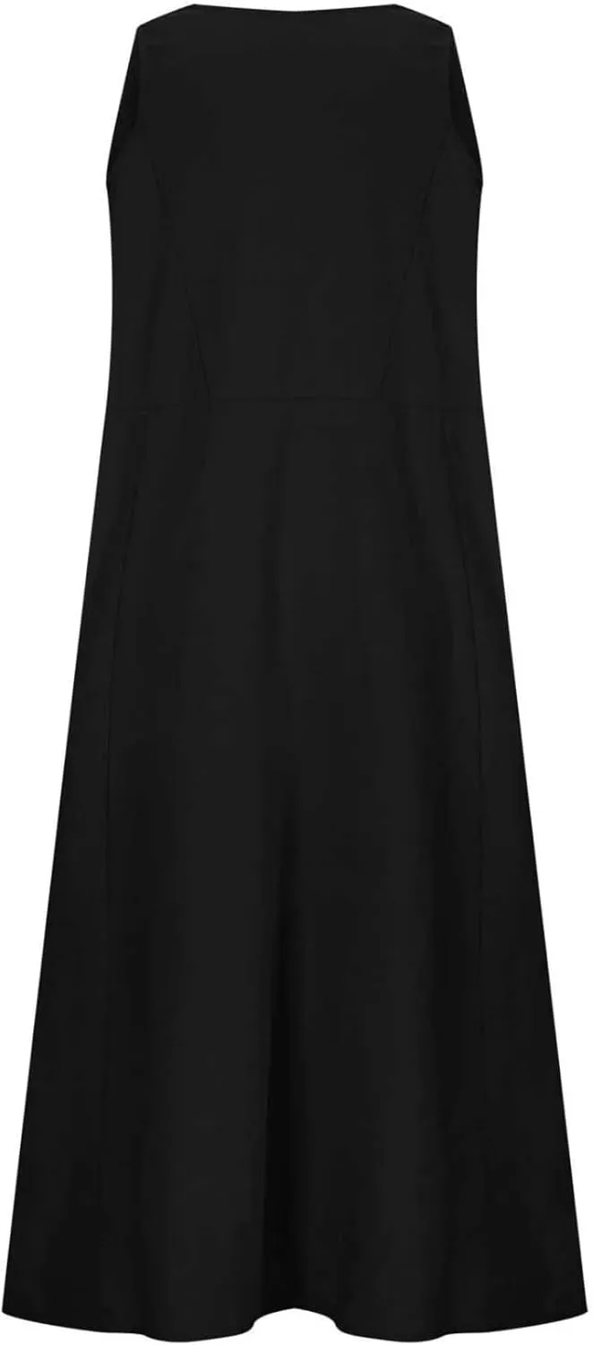 Women's Summer Cotton Linen Long Dress Sleeveless Elegant Flowy Maxi Dresses Plus Size Loose Comfy Dress with Pockets