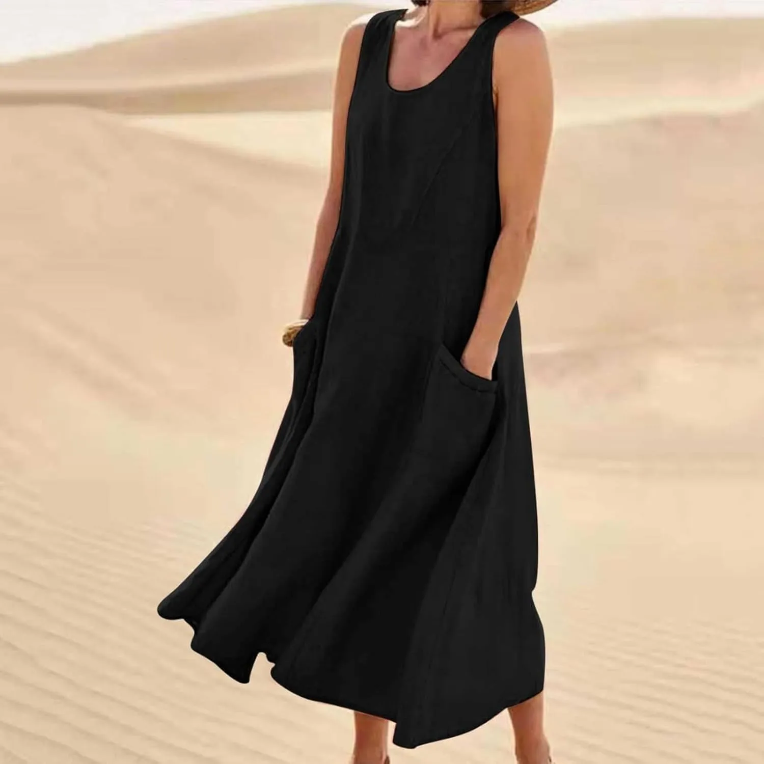Women's Summer Cotton Linen Long Dress Sleeveless Elegant Flowy Maxi Dresses Plus Size Loose Comfy Dress with Pockets