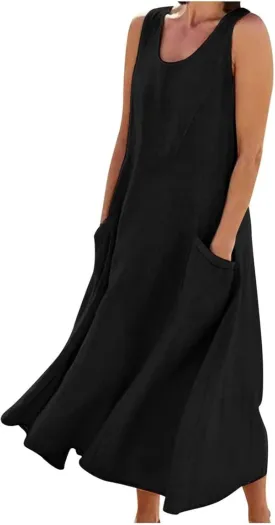 Women's Summer Cotton Linen Long Dress Sleeveless Elegant Flowy Maxi Dresses Plus Size Loose Comfy Dress with Pockets