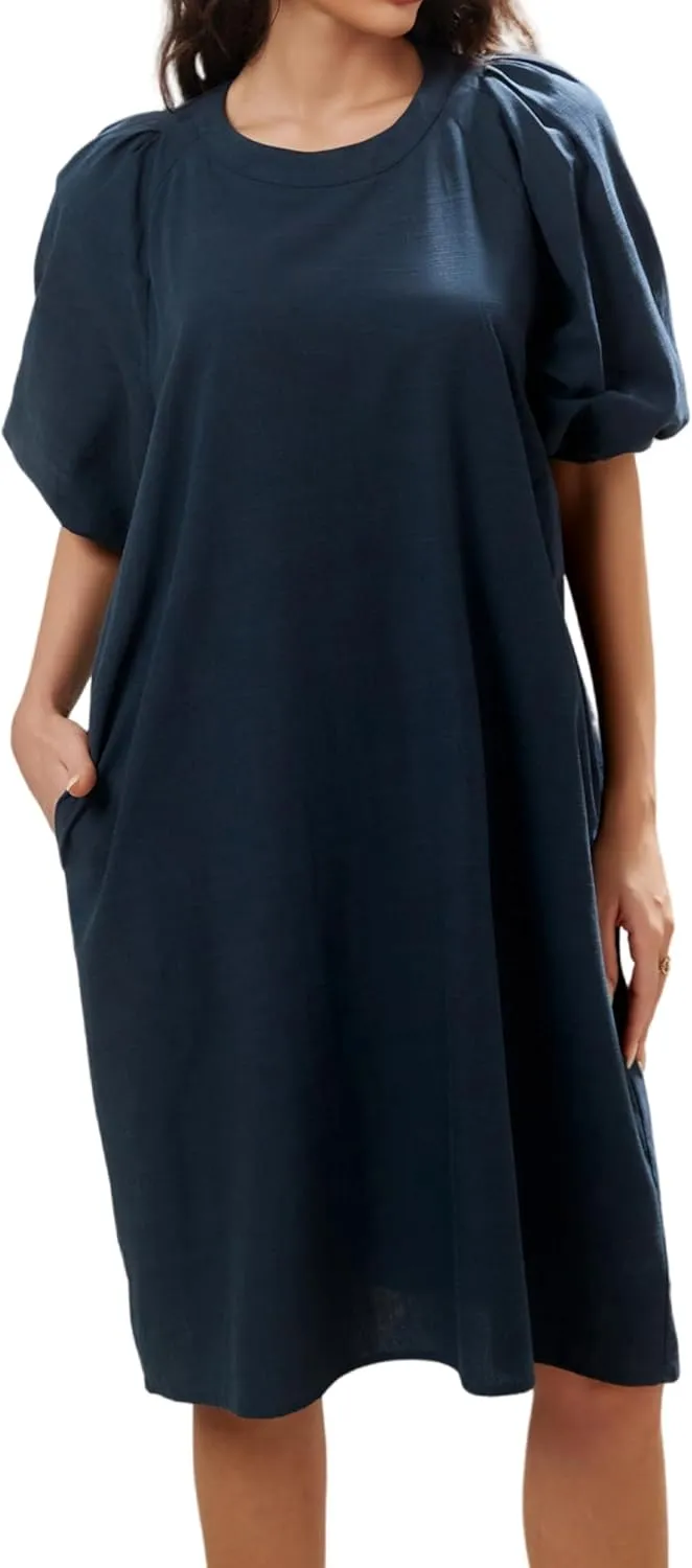 Women's Summer Linen Rayon Half Sleeve Loose Mid Dresses with Pockets
