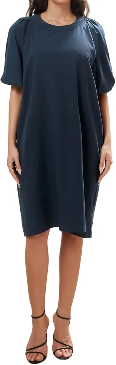 Women's Summer Linen Rayon Half Sleeve Loose Mid Dresses with Pockets