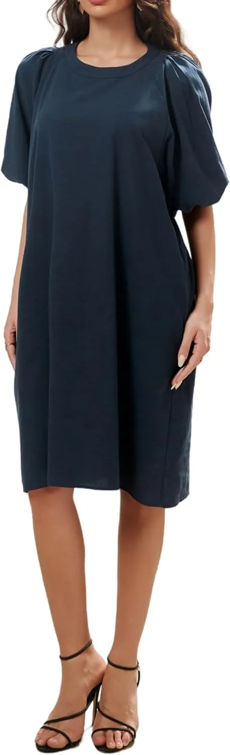 Women's Summer Linen Rayon Half Sleeve Loose Mid Dresses with Pockets