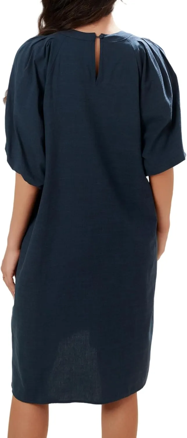 Women's Summer Linen Rayon Half Sleeve Loose Mid Dresses with Pockets