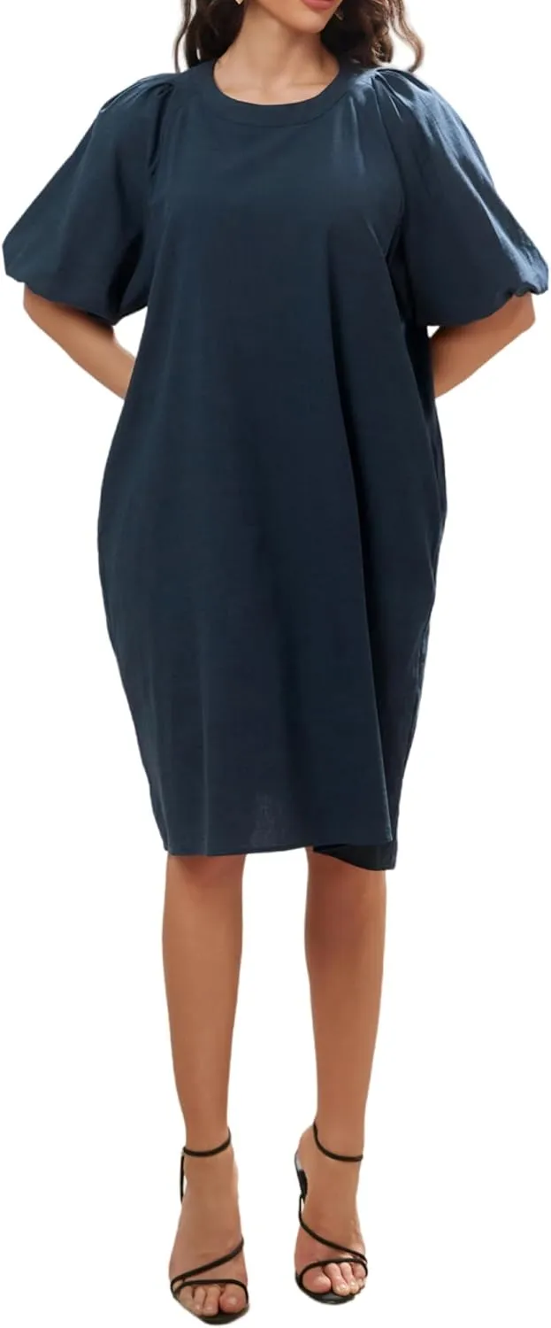 Women's Summer Linen Rayon Half Sleeve Loose Mid Dresses with Pockets