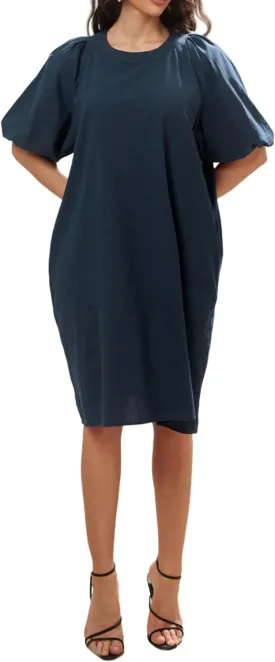 Women's Summer Linen Rayon Half Sleeve Loose Mid Dresses with Pockets