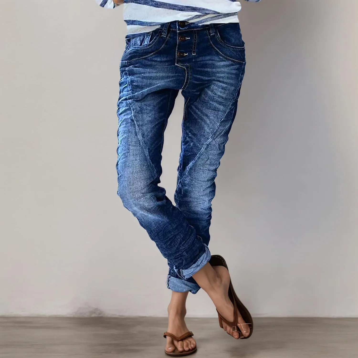 Womens Trendy Stretchy Low Rise Button Straight Leg Distressed Jeans Stylish Vintage Casual Loose Denim Pants