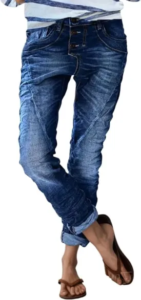 Womens Trendy Stretchy Low Rise Button Straight Leg Distressed Jeans Stylish Vintage Casual Loose Denim Pants