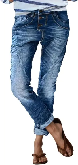 Womens Trendy Stretchy Low Rise Button Straight Leg Distressed Jeans Stylish Vintage Casual Loose Denim Pants