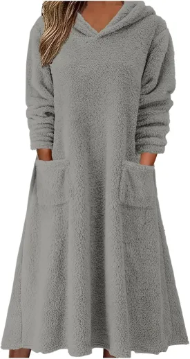 Womens Winter Warm Long Sleeve Fuzzy Fleece Sherpa Midi Hooded Dress Casual Flowy Hoodie Sweatshirt Dress with Pockets