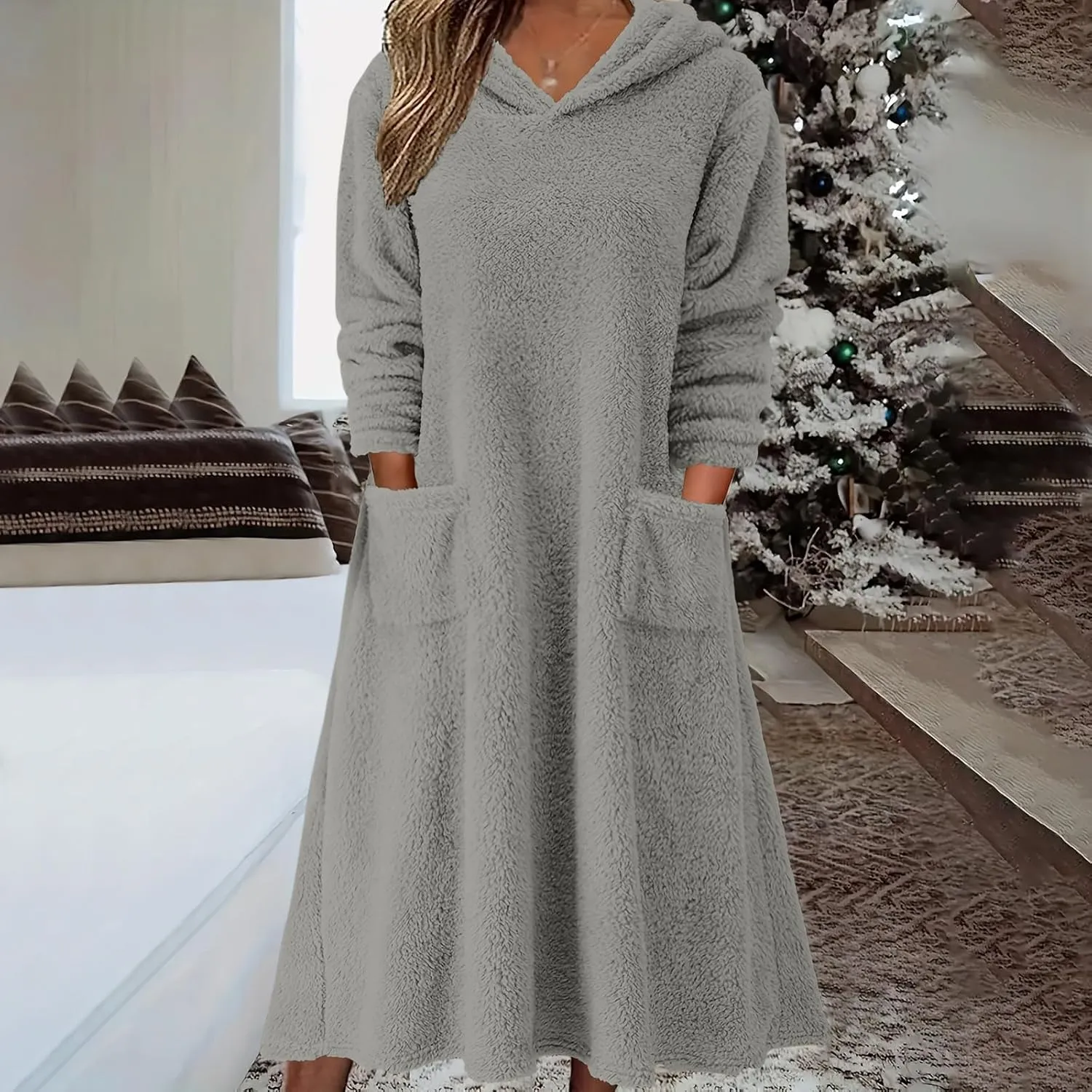 Womens Winter Warm Long Sleeve Fuzzy Fleece Sherpa Midi Hooded Dress Casual Flowy Hoodie Sweatshirt Dress with Pockets