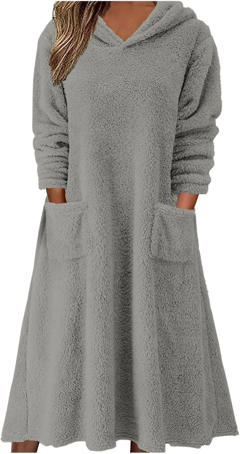 Womens Winter Warm Long Sleeve Fuzzy Fleece Sherpa Midi Hooded Dress Casual Flowy Hoodie Sweatshirt Dress with Pockets