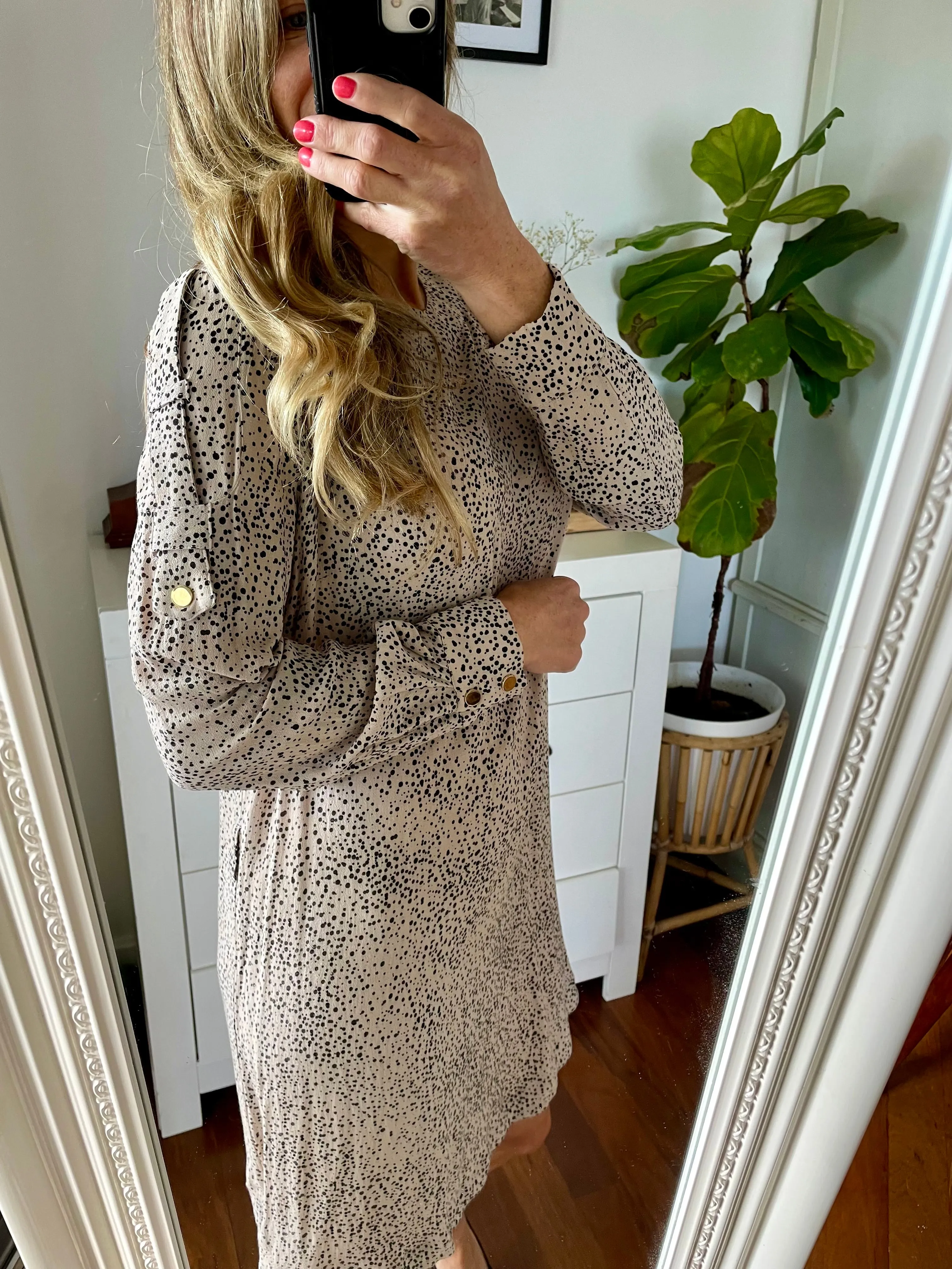 Zimmermann Beige Spot Dot Long Sleeve Knee Length Dress Gold Buttons Size 1 8 10