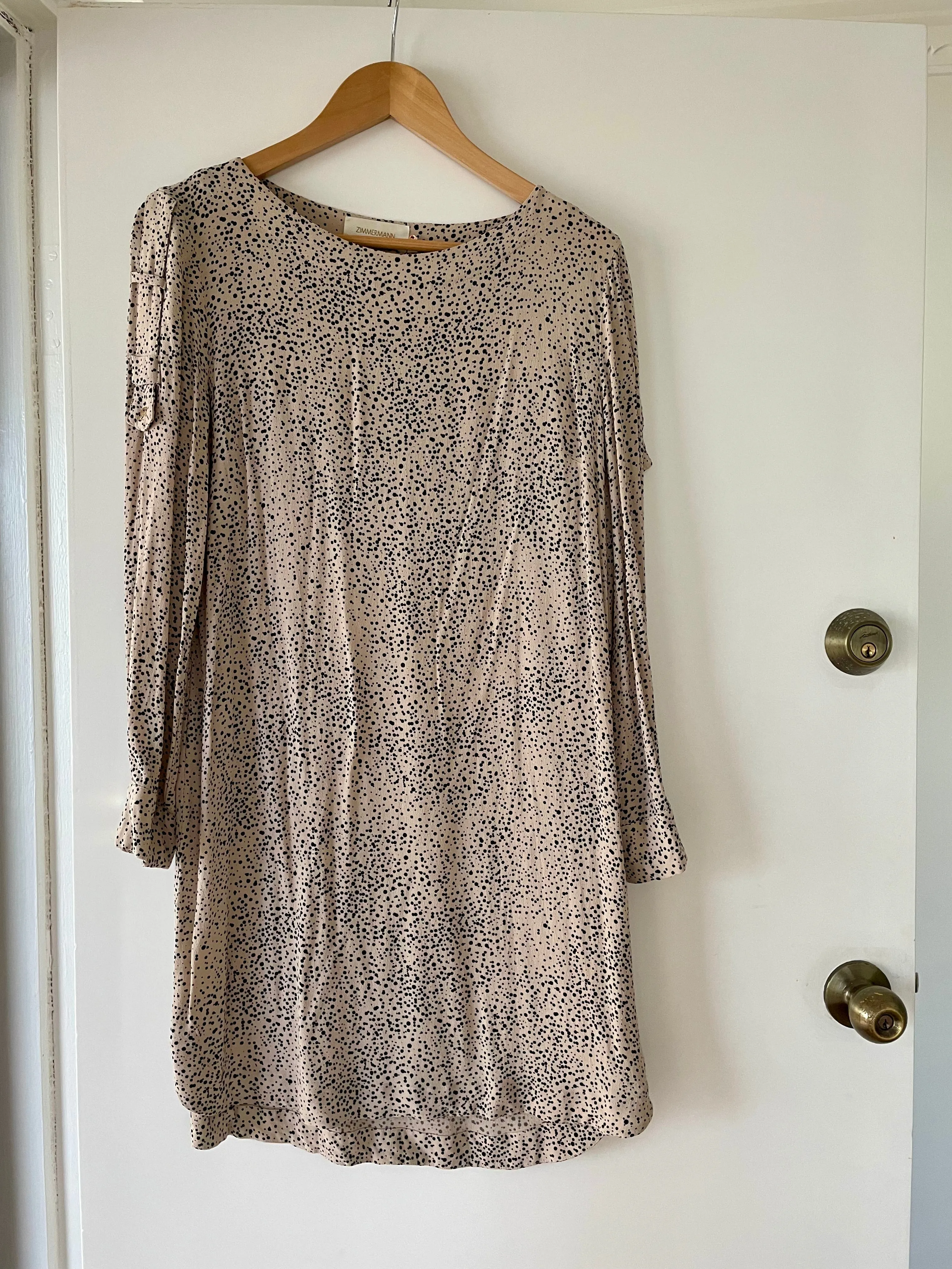 Zimmermann Beige Spot Dot Long Sleeve Knee Length Dress Gold Buttons Size 1 8 10