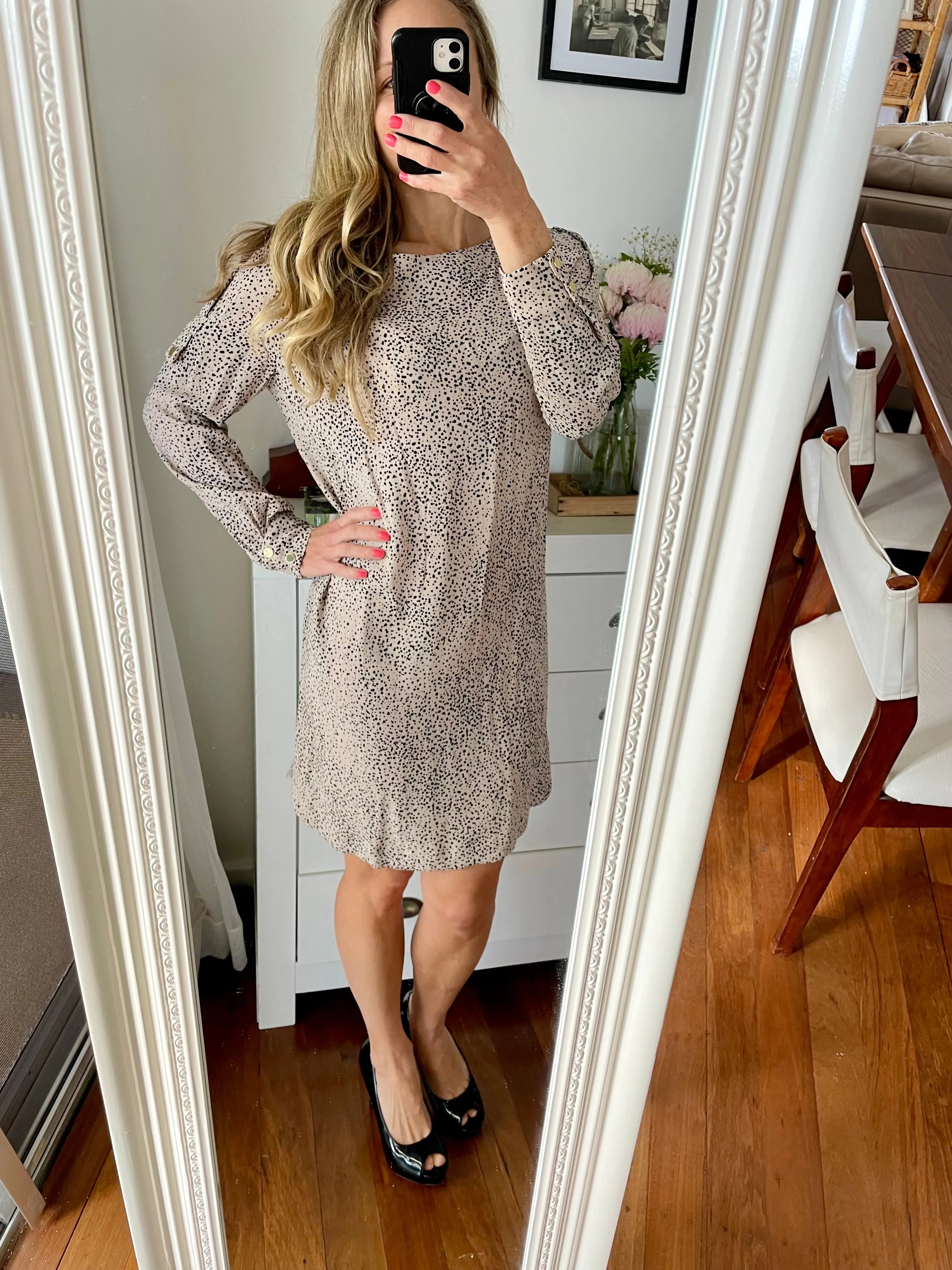 Zimmermann Beige Spot Dot Long Sleeve Knee Length Dress Gold Buttons Size 1 8 10