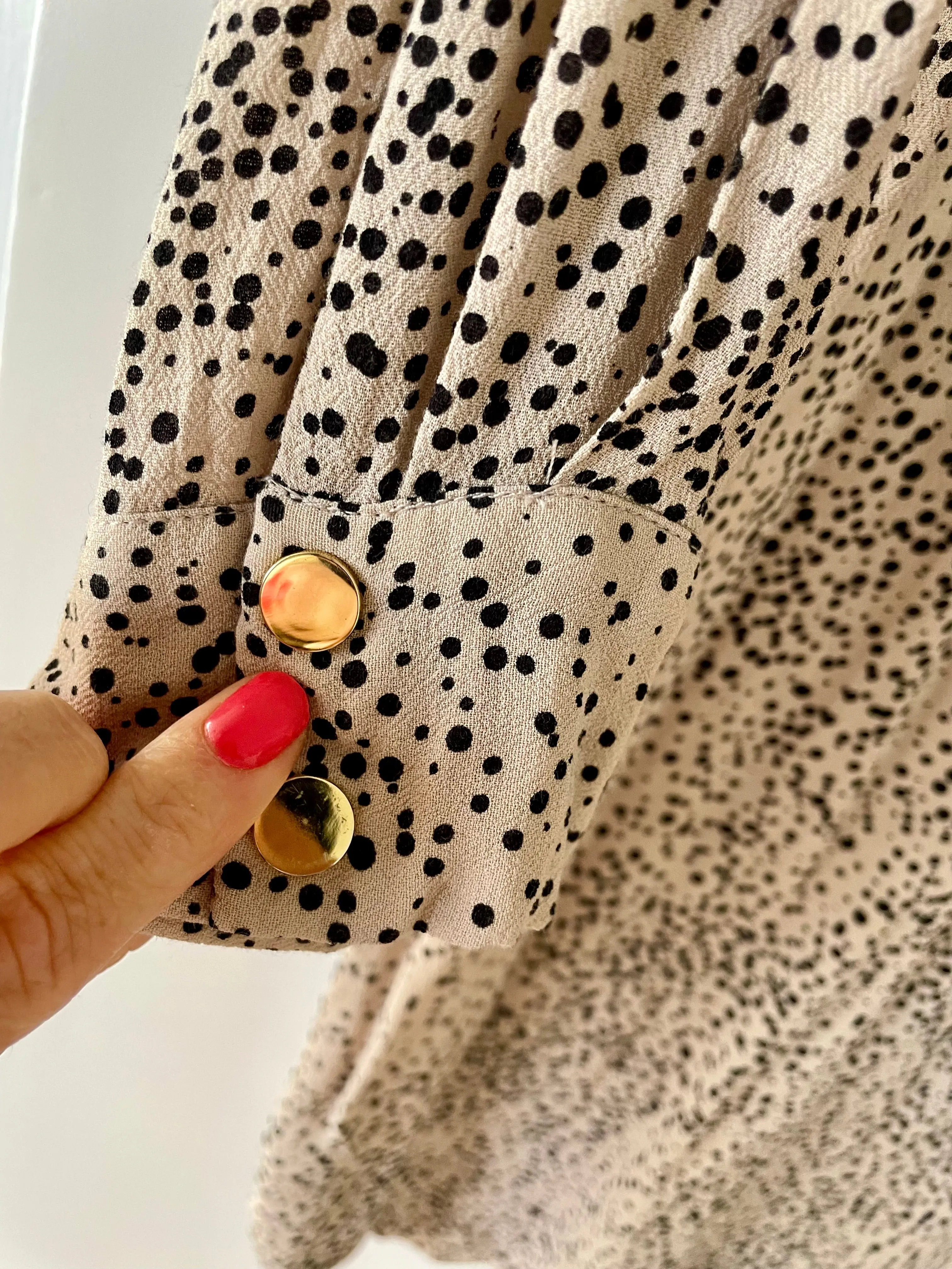 Zimmermann Beige Spot Dot Long Sleeve Knee Length Dress Gold Buttons Size 1 8 10