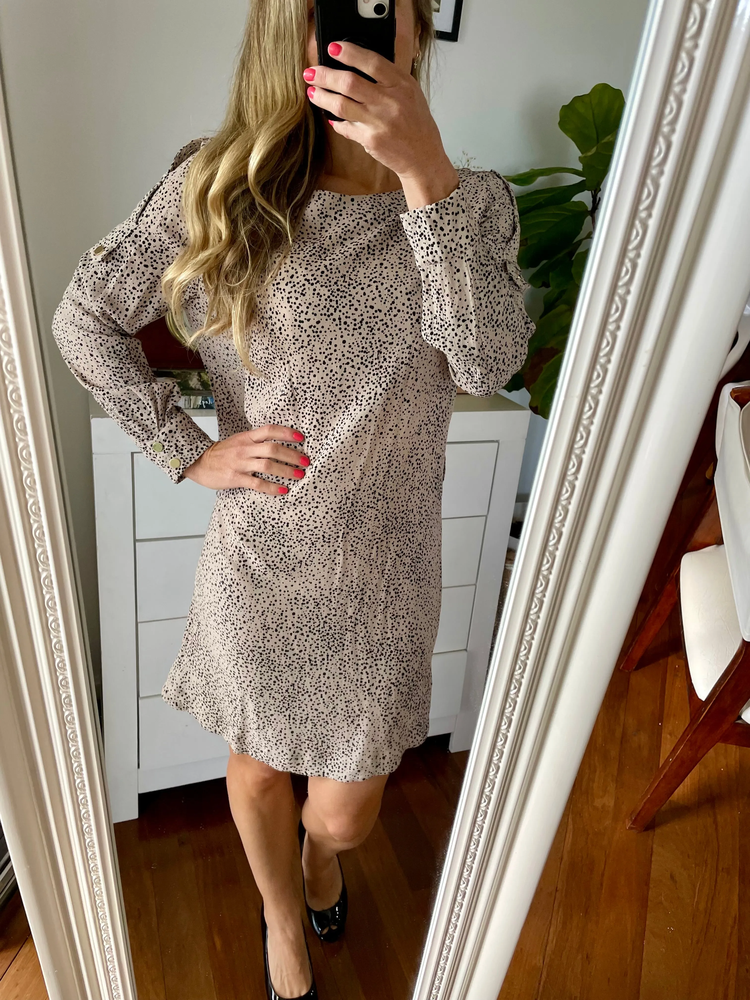 Zimmermann Beige Spot Dot Long Sleeve Knee Length Dress Gold Buttons Size 1 8 10